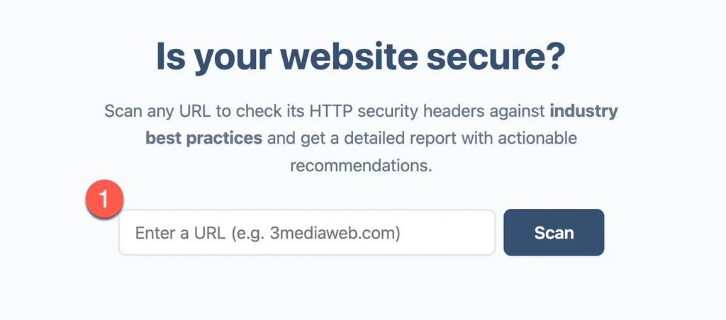 Website security scan form with a URL field, Scan button, and prompt to check HTTP security headers.