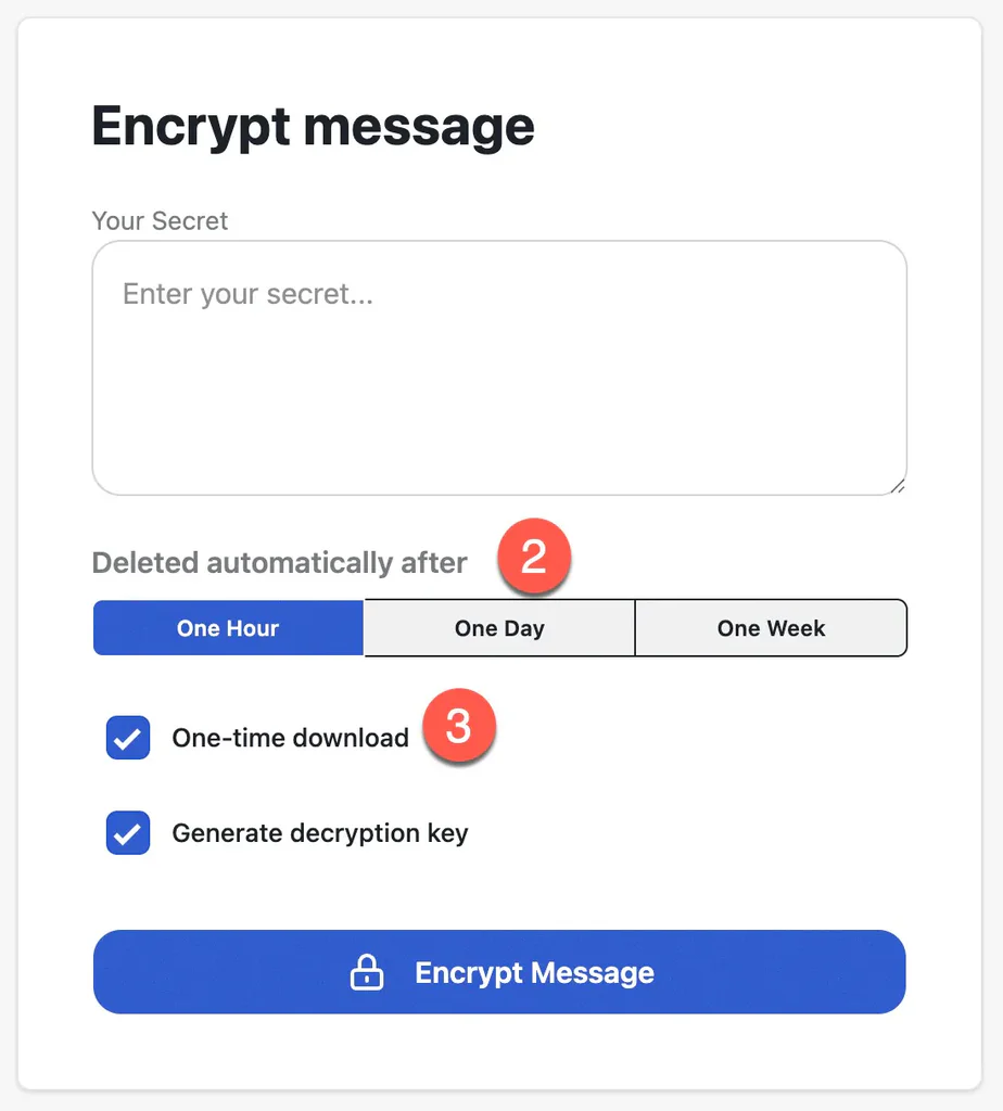 Secure message form showing deletion options, one-time download, and Encrypt button