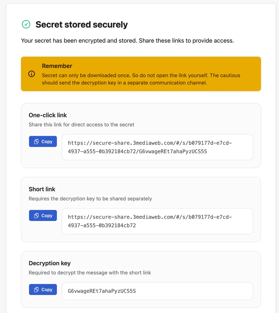 Secure Share screen showing one-click links and a decryption key for a secret