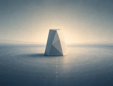 Faceted steel-blue prism at the center of field lines, symbolizing dependable delivery