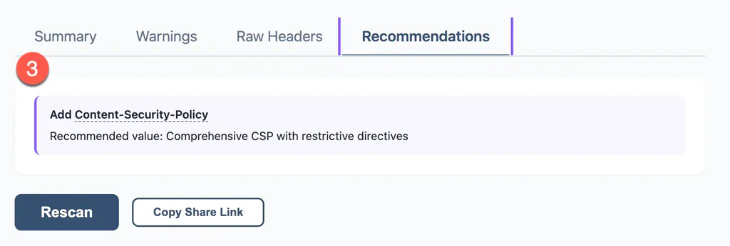 Recommendations tab showing a Content-Security-Policy warning and Rescan button