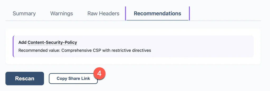 Recommendations panel with a CSP warning and Rescan and Copy Share Link buttons