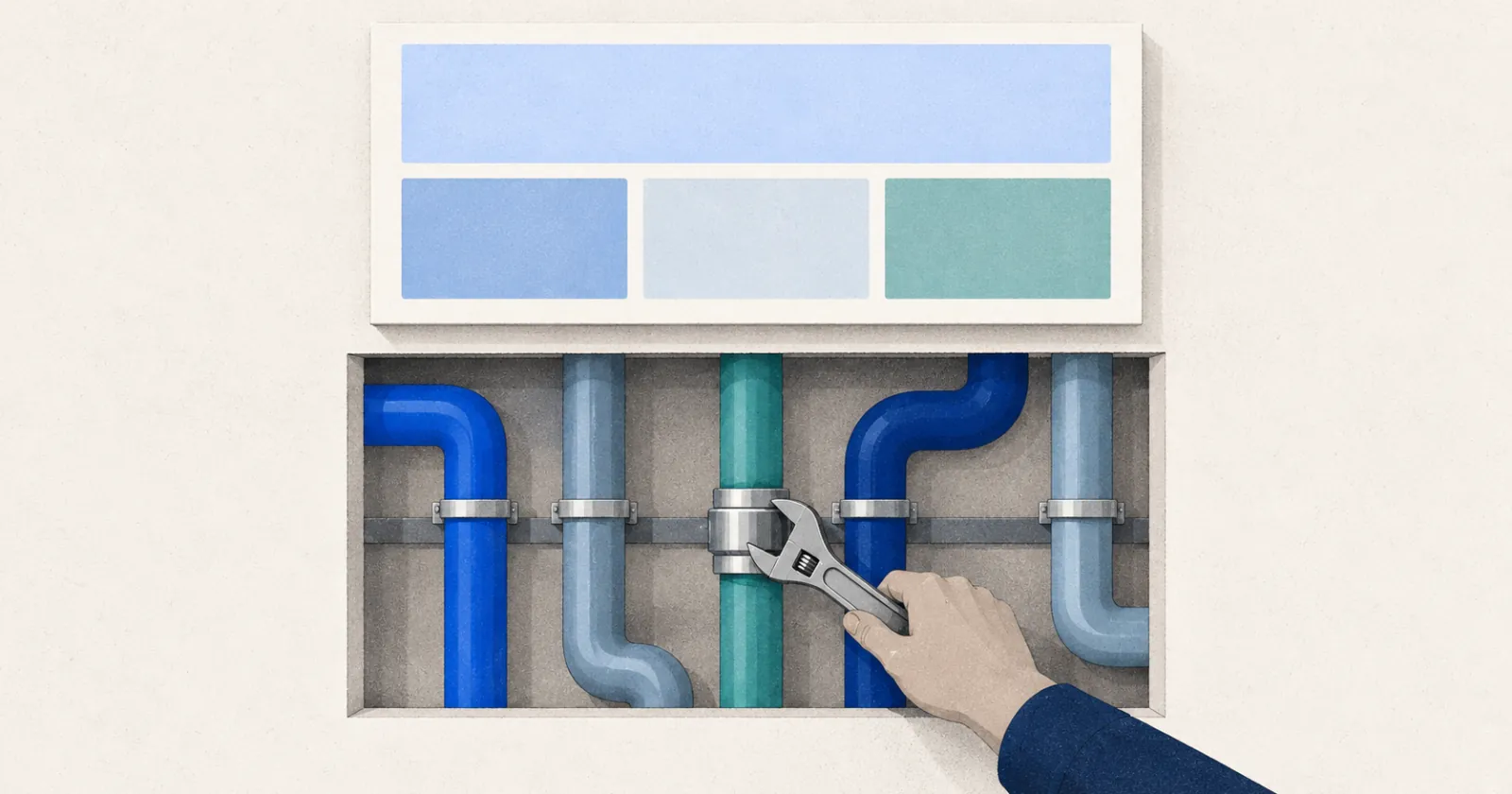Illustrated website layout above a cutaway of the pipes behind it, where a hand tightens a joint.