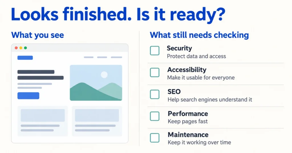 Site mockup beside a checklist: security, accessibility, SEO, performance, and maintenance
