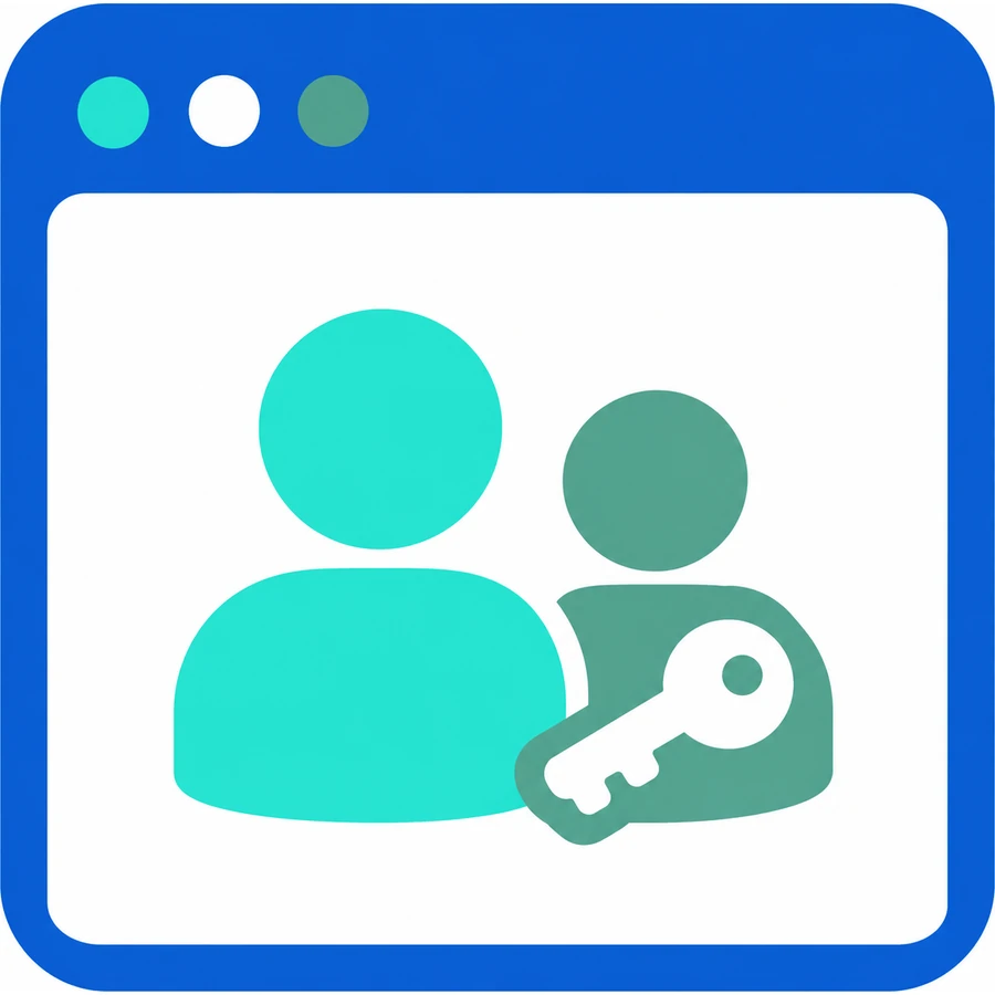 Icon of a browser window with two people and a key, representing delegate account access.