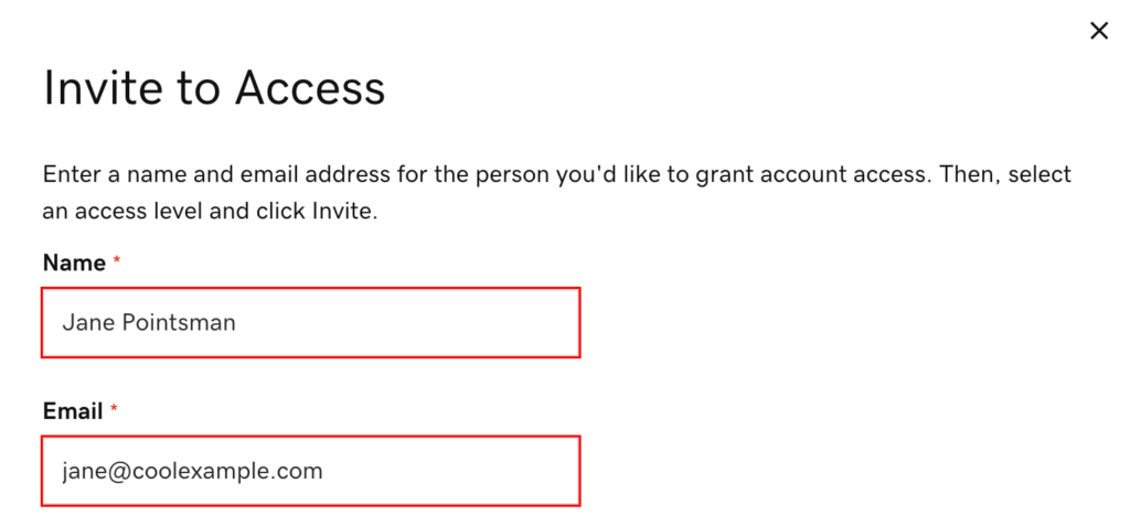 GoDaddy invite form with the Name and Email address fields.