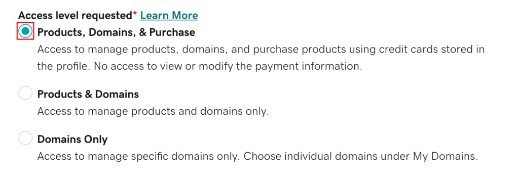 GoDaddy invite form showing the Access level requested options: Products, Domains, & Purchase; Products & Domains; Domains Only.