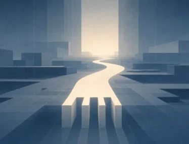 Steel-blue geometric stage with a glowing path to the horizon, symbolizing answer-driven discovery.