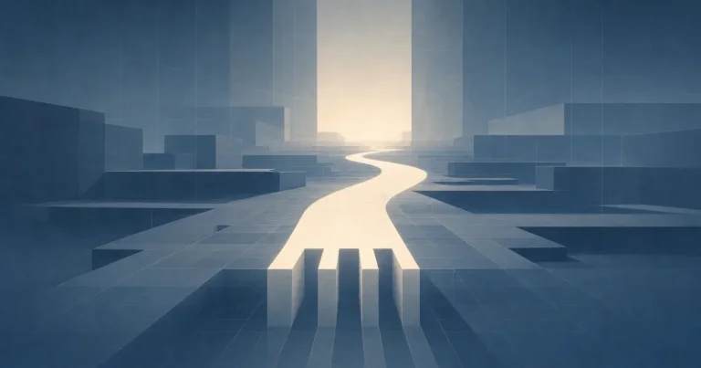 Steel-blue geometric stage with a glowing path to the horizon, symbolizing answer-driven discovery.