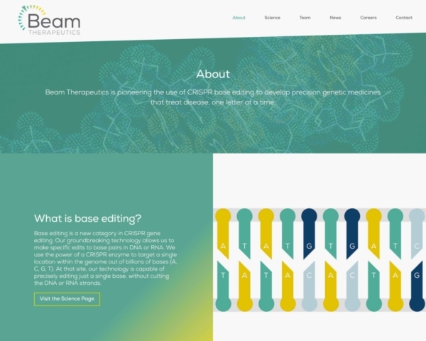 Biotech Web Design Example: Beam Therapeutics About Page Preview.