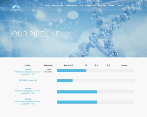 Biotech Web Design Example: Epygenix Therapeutics Pipeline Page Preview.
