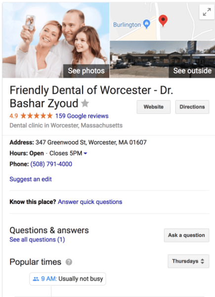Dental website Google my Business listing screen shot 