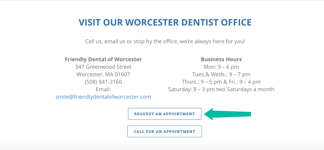 screen shot of dental appointment request form