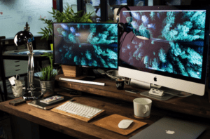 two computers screens with trees on monitor