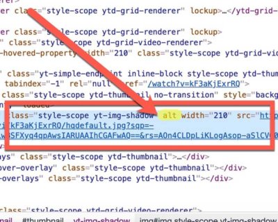 Screenshot of YouTube's empty Alt Text attribute in the website's rendered source code.