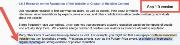 Google Quality Raters Guide, Sep 2019 Update 3 - Newspaper Websites: New.