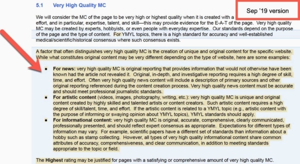 Google Quality Raters Guide, Sep 2019 Update 6 - Main Content Quality: New.