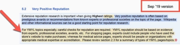 Google Quality Raters Guide, Sep 2019 Update 7 - Publisher Reputation: New.