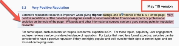 Google Quality Raters Guide, Sep 2019 Update 7 - Publisher Reputation: Old.