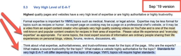 Google Quality Raters Guide, Sep 2019 Update 8 - EAT YMYL Clarity: New.