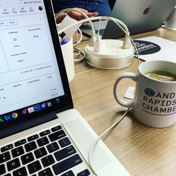 Computer with Grand Rapids Chamber Mug