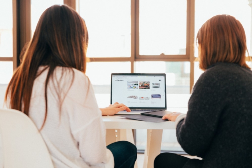 two business women looking at a web site discussing a website redesign