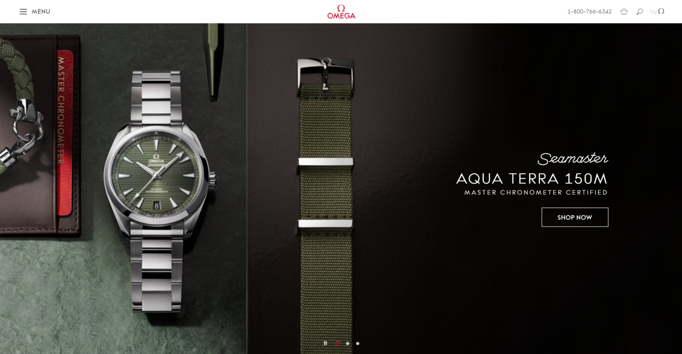 omega watches website branding and hamburger icon