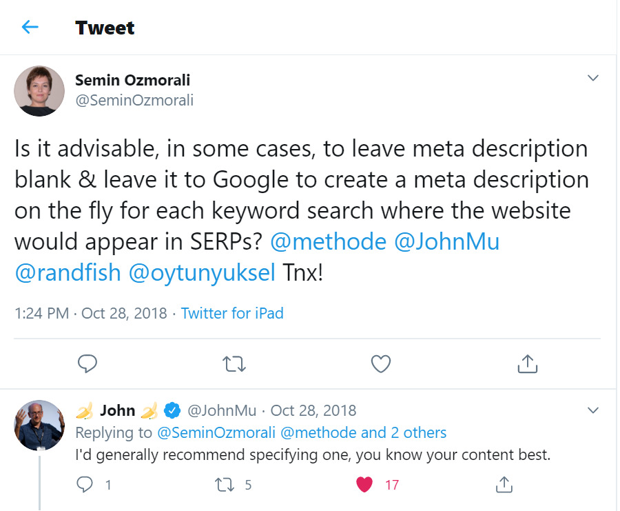 tweet explaining how meta descriptions improve on-page SEO
